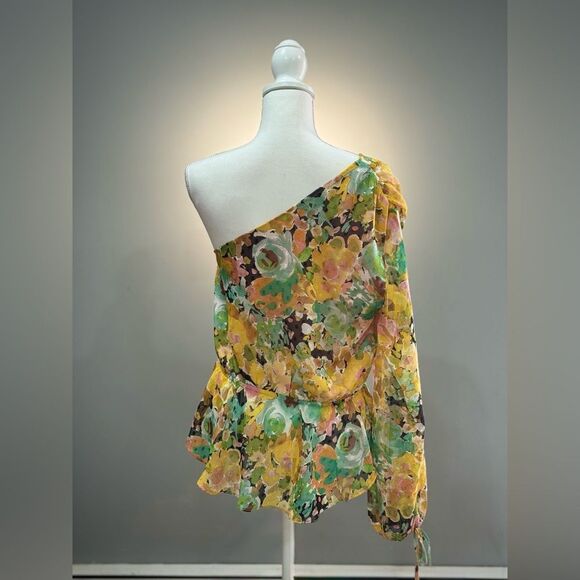 Yellow Floral Vici One-Shoulder Blouse Size XL EUC - Picture 2 of 3